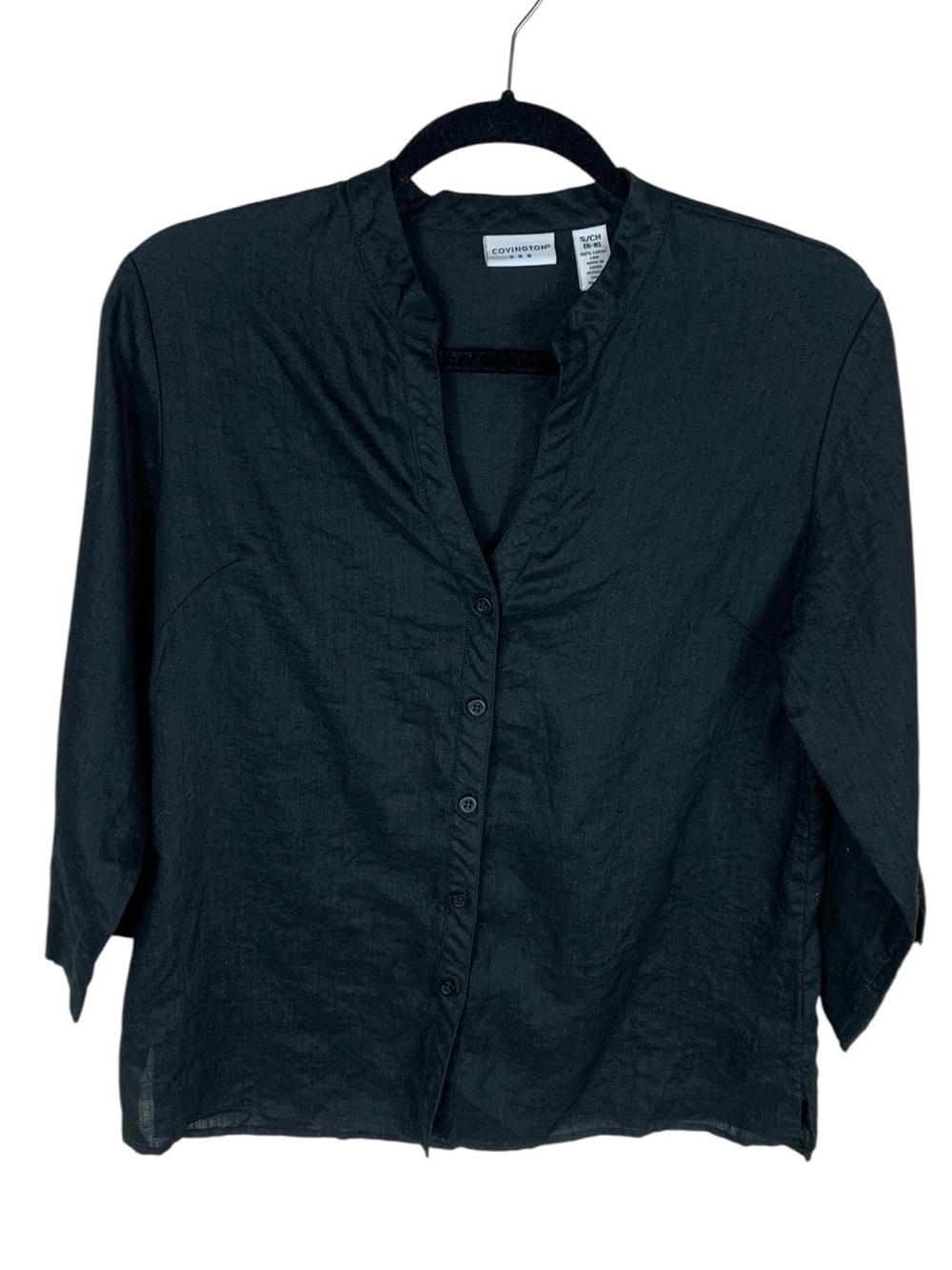 Women's Covington Black Linen 3/4 Sleeve V-Neck Button Front Shirt Size S Basic